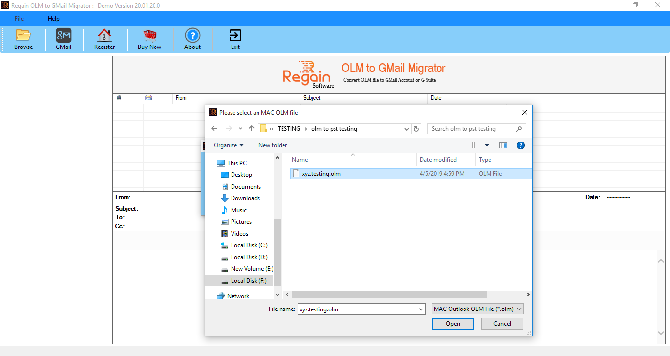 screenshot of Regain OLM to Gmail Migrator